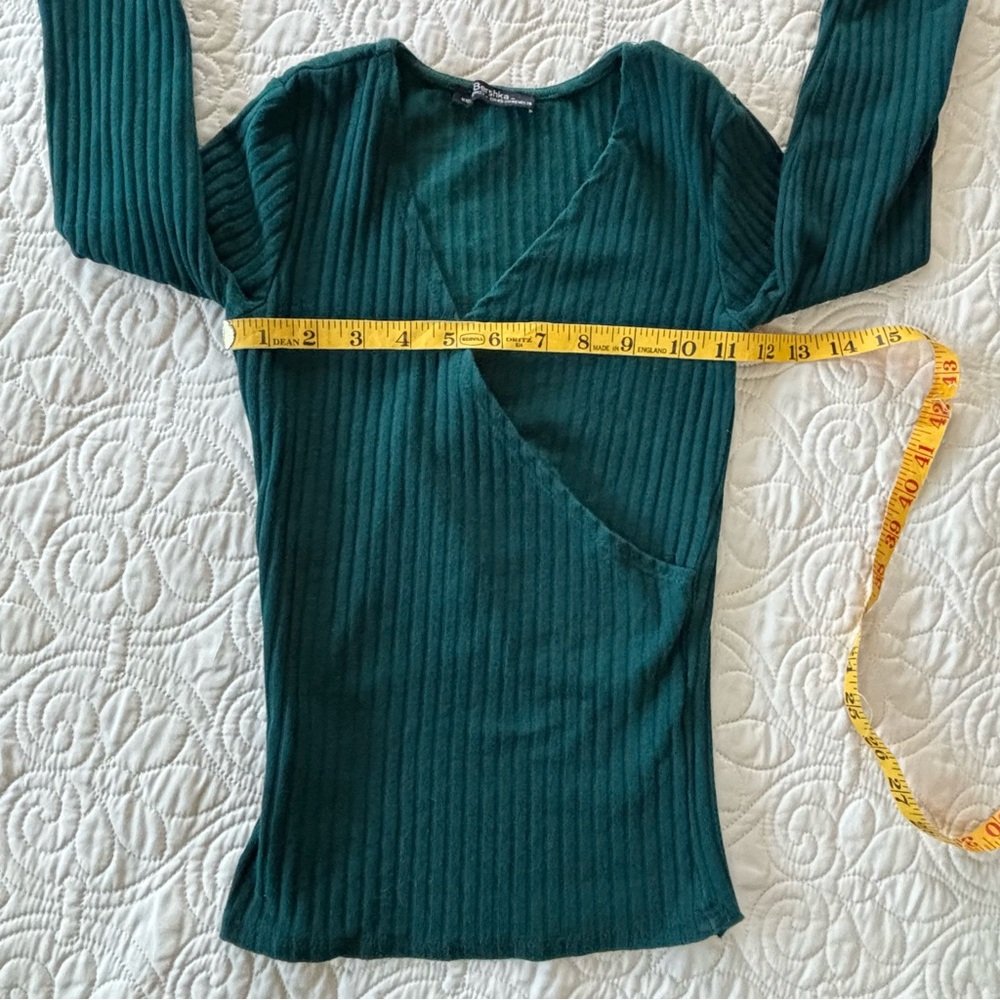 Bershka Forest Green Ribbed Wrap-Front Top - Picture 7 of 10
